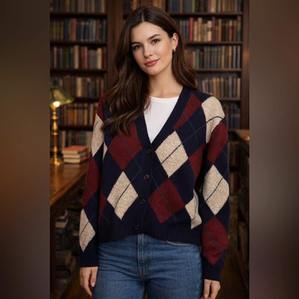 PRICE ⬇️ NWOT Dress Forum Navy, Burgundy & Cream Argyle V-Neck Button Cardigan